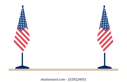 USA flags on flagpoles for political talks, speeches, and public events in a formal setting