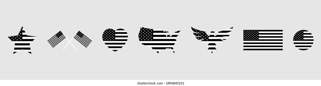 Banderas de Estados Unidos establecidas. Bandera de Estados Unidos. Bandera de Estados Unidos en forma de corazón. Águila americana. Bandera de Estados Unidos en forma de estrella. Ilustración vectorial. Festividad de América Nacional 