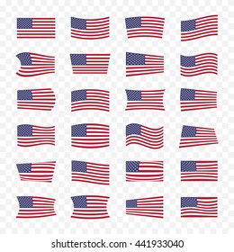 USA flags set on a transparent background isolated. 