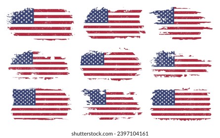 USA flags set stickers colorful grunge style to create holiday posters for independence day United States of America vector illustration