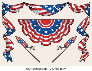 USA flags set stickers colorful fabrics in form arch or semicircle and firecrackers in colors flag United States vector illustration