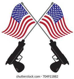 USA flags and twin guns on isolated white background with simple vector design