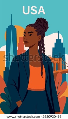 USA. Flat bright vector illustration of stylish beautiful African American woman in modern urban fashion, with abstract New York skyline behind