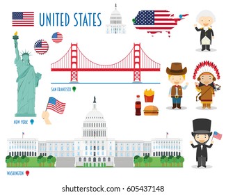 USA Flat Icon Set Travel and tourism concept. Vector illustration