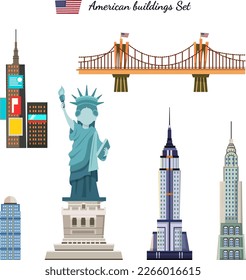 Usa flat icons set with american building symbols and attractions isolated on white background vector illustration