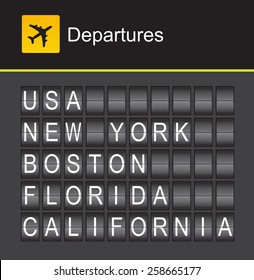 USA flip alphabet airport departures, USA, New York, Boston, Florida, California