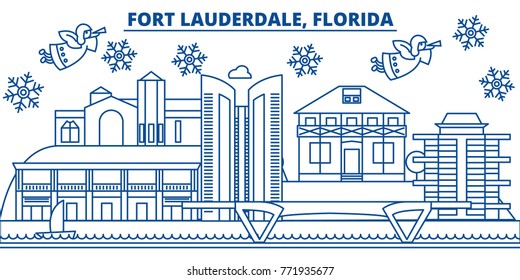 USA, Florida, Fort Lauderdale winter city skyline. Merry Christmas and Happy New Year decorated banner. Winter greeting card with snow and Santa Claus. Flat, line vector. Linear christmas illustration