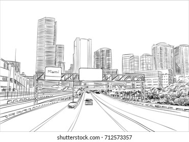 USA. Florida. Miami. Unusual Perspective Hand Drawn Sketch. City Vector Illustration