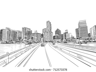 USA. Florida. Miami. Unusual Perspective Hand Drawn Sketch. City Vector Illustration