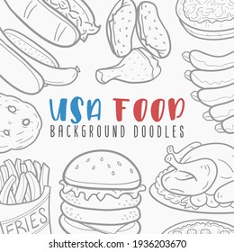 Usa Food Doodle Banner Icon. American Restaurant Vector Illustration Hand Drawn Art. Line Symbols Sketch Background.