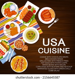 USA food meals, dishes menu cover. Grilled ribs with french fries, baked beans with bacon and hot dogs with chips, marinated olives with chilli, corn dogs and cobb salad, BBQ chicken, cookies vector