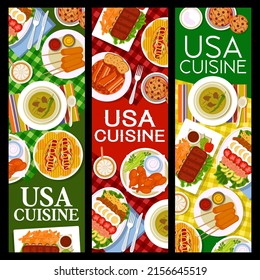 USA food restaurant meals banners. Cookies with drops, beans with bacon and olives with green chilli, corn dogs, hot dogs with chips and grilled ribs with french fries, BBQ chicken, cobb salad vector