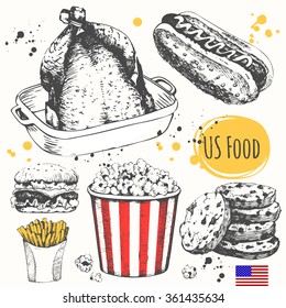 USA food in the sketch style. Main course and snacks. American traditional products. Vector illustration of ethnic cooking: burger, baked chicken, french fries, popcorn, american cookies.