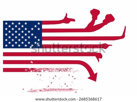 USA foreign policy is represented with an American flag with various illustrated  aspects of that policy in a 3-d illustration.