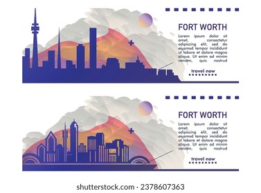 Banner de la ciudad de USA Fort Worth con formas abstractas de paisaje urbano, monumentos y atracciones. Juego de ilustraciones de vectores de viajes del estado de Texas para folleto, sitio web, página, encabezado, presentación