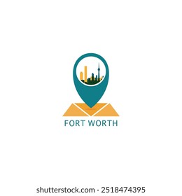 EE.UU. Fort Worth mapa de la ciudad pin punto de geolocalización moderno skyline puntero Vector logo icono aislado ilustración. Emblema de puntero del estado de Texas con Lugares famosos y siluetas de construcción