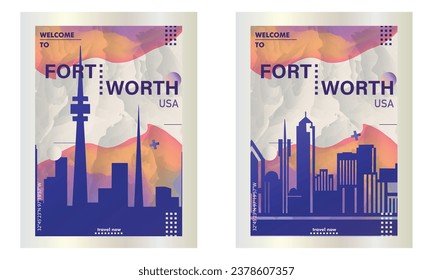 USA Fort Worth city poster pack with abstract shapes of skyline, cityscape, landmarks and attractions. US Texas state travel vector illustration set for brochure, website, page, business presentation