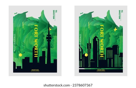 USA Fort Worth city poster pack with abstract shapes of skyline, cityscape, landmarks and attractions. US Texas state travel vector illustration set for brochure, website, page, business presentation