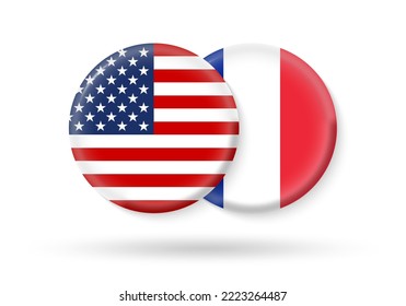 USA and France circle flags. 3d icon. Round French and American national symbols. Vector illustration.