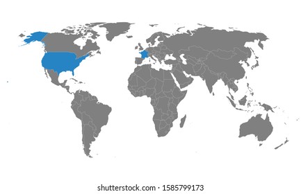 USA, france map marked blue on world map. Gray background. Perfect for Backgrounds, backdrop, business concepts and wallpapers.