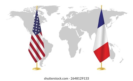 EUA e França exibem bandeiras no fundo do mapa mundial. Simbólico de relações diplomáticas, unidade e cooperação transatlântica. Design de conceito internacional renderizado em 3D.