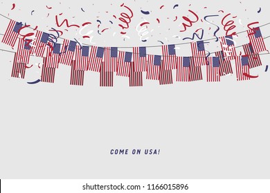 USA garland flag with confetti on gray background, Hang bunting for USA celebration template banner. vector