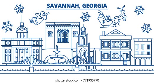 USA, Georgia, Savannah Winter City Skyline. Merry Christmas And Happy New Year Decorated Banner. Winter Greeting Card With Snow And Santa Claus. Flat, Line Vector. Linear Christmas Illustration