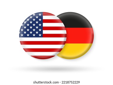 USA and Germany flags. 3d icon. Round American and German national symbols. Vector illustration.