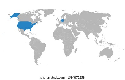 USA, germany map marked blue on world map vector. Gray background. Perfect for backgrounds, backdrop, business concepts, presentation, charts and wallpapers.