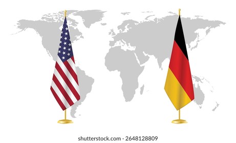EUA e Alemanha empunham bandeiras no fundo do mapa mundial. Simbólico de relações diplomáticas, unidade e parceria transatlântica. Design de conceito internacional renderizado em 3D.