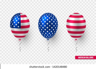 USA glossy balloons design of American flag. Decorative realistic elements for national holidays of America. Isolated on transparent background. Vector illustration.