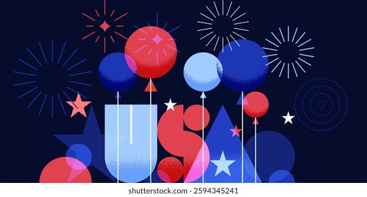 USA glowing word, air balloons and fireworks on navy blue background. Independence Day greeting card, banner, poster design template. 4th of July vector geometric flat illustration