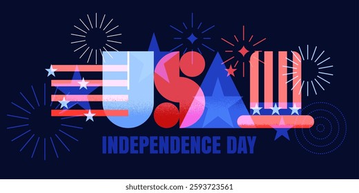 USA glowing word, American flag, hat and fireworks on navy blue background. Happy Independence Day holiday greeting card, banner, poster design template. 4th of July vector geometric flat illustration