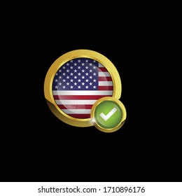 usa gold button with checkmark icon.Conceptual vector illustration in flat style design.Isolated on background.