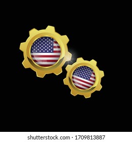 Usa golden gears,Golden Cog Wheels with usa flag.Conceptual vector illustration in flat style design.Isolated on background.