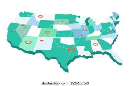 USA graphic network map with lines and circles. Vector illustration isolated on white background