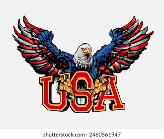 USA graphic slogan with eagle hand drawn vector illustration