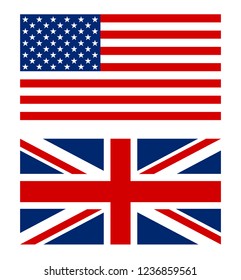 Bandera de Estados Unidos y Gran Bretaña. Estados Unidos de América y el Símbolo del Lenguaje de la Aplicación del Reino Unido. Icono de país de fabricación. Pegatina con la bandera nacional Símbolo de nación para infografía, web.