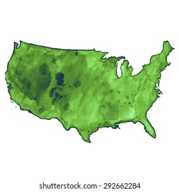 USA green watercolor vector map, US watercolor vector map, United States of America watercolor vector map