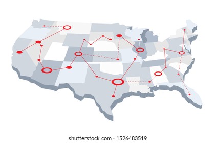 USA grey network map with red lines and circles. Vector illustration isolated on white background