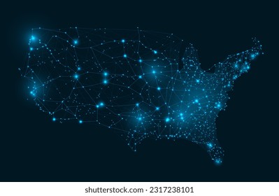 USA grid wireframe map. Connected network of states of America capitals, American internet communications and futuristic digital map vector illustration. Sining starry country territory border