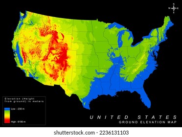 USA ground elevation terrain height map in vector HD quality rainbow color gradient