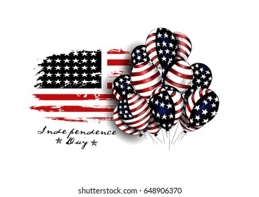 USA grunge flag with balloons for 4th july - Hand Drawn Sketch, Vector Background.