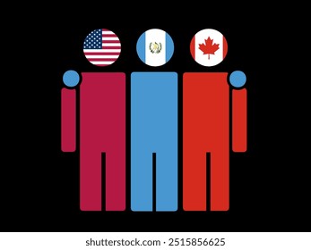 USA, Guatemala, and Canada National Flags With Embracing Body. Vector Illustration. Isolated background.