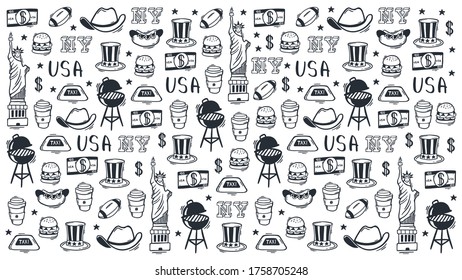 USA Hand draw doodle background. United States Of America popular symbols and elements. Vector illustration.