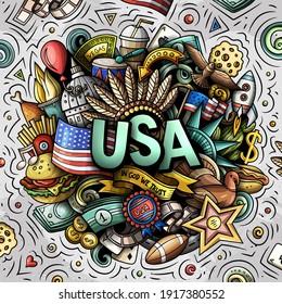 USA hand drawn cartoon doodle illustration. Funny American design. Creative art vector background. Handwritten text with elements and objects. Colorful composition