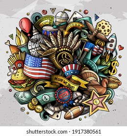 USA hand drawn cartoon doodle illustration. Funny design with American elements and objects. Creative art vector background. Colorful composition