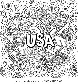 USA hand drawn cartoon doodle illustration. Funny American design. Creative art vector background. Handwritten text with elements and objects