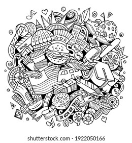 USA hand drawn cartoon doodle illustration. Funny design with American elements and objects. Creative art vector background