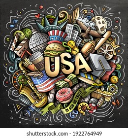 USA hand drawn cartoon doodle illustration. Funny American design. Creative art vector background. Handwritten text with elements and objects. Colorful composition